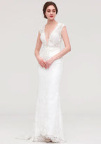 Enchanting Lace Trumpet/Mermaid Wedding Dress: V-Neck Sleeveless with Sweep Train and Beaded Lace Accents BM bride