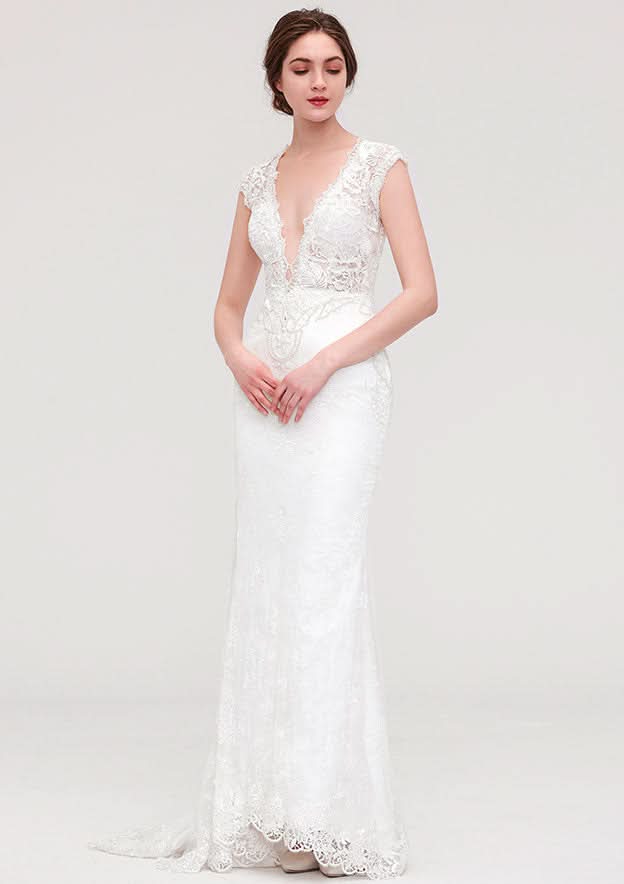 Enchanting Lace Trumpet/Mermaid Wedding Dress: V-Neck Sleeveless with Sweep Train and Beaded Lace Accents BM bride