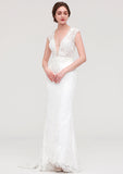 Enchanting Lace Trumpet/Mermaid Wedding Dress: V-Neck Sleeveless with Sweep Train and Beaded Lace Accents BM bride