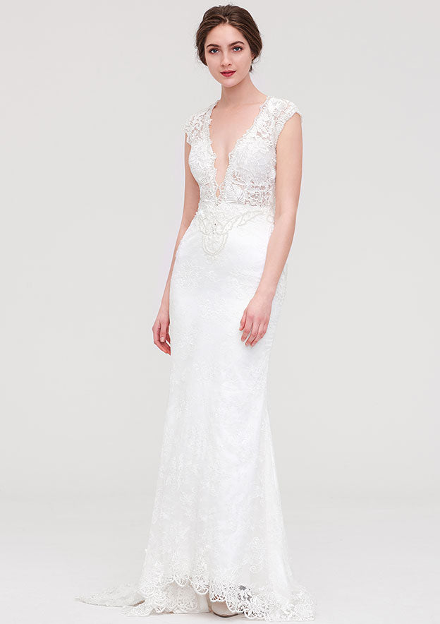 Enchanting Lace Trumpet/Mermaid Wedding Dress: V-Neck Sleeveless with Sweep Train and Beaded Lace Accents BM bride
