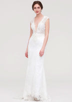 Enchanting Lace Trumpet/Mermaid Wedding Dress: V-Neck Sleeveless with Sweep Train and Beaded Lace Accents BM bride