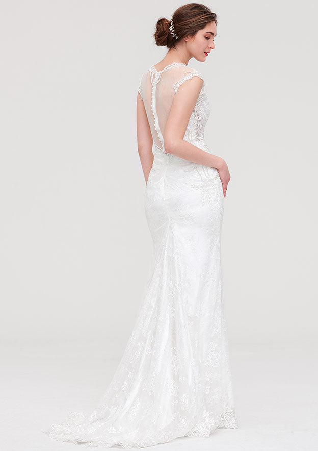 Enchanting Lace Trumpet/Mermaid Wedding Dress: V-Neck Sleeveless with Sweep Train and Beaded Lace Accents BM bride