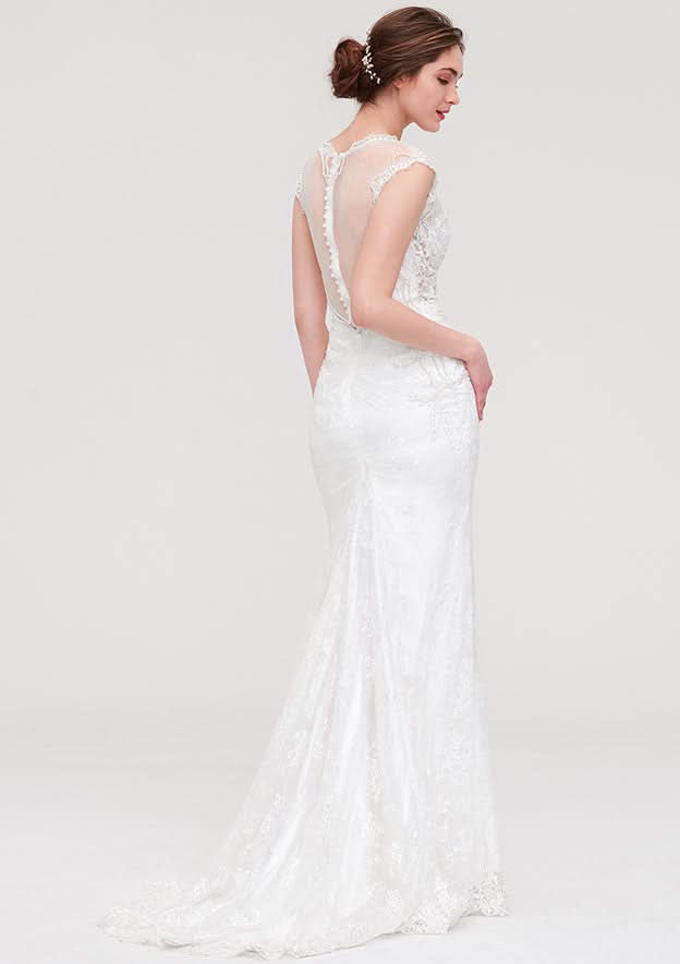 Enchanting Lace Trumpet/Mermaid Wedding Dress: V-Neck Sleeveless with Sweep Train and Beaded Lace Accents BM bride