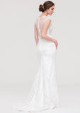 Enchanting Lace Trumpet/Mermaid Wedding Dress: V-Neck Sleeveless with Sweep Train and Beaded Lace Accents BM bride