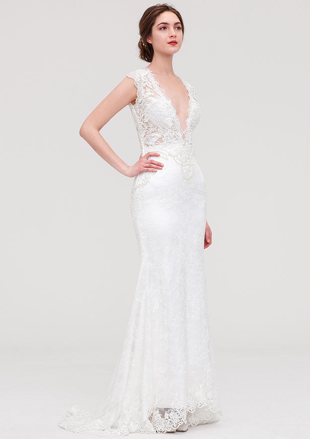 Enchanting Lace Trumpet/Mermaid Wedding Dress: V-Neck Sleeveless with Sweep Train and Beaded Lace Accents BM bride