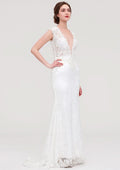 Enchanting Lace Trumpet/Mermaid Wedding Dress: V-Neck Sleeveless with Sweep Train and Beaded Lace Accents BM bride