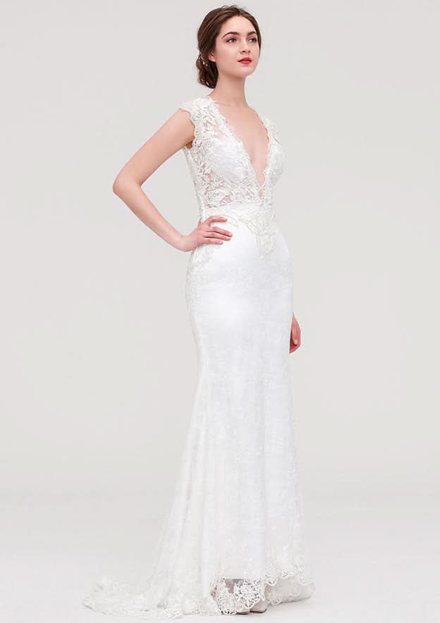 Enchanting Lace Trumpet/Mermaid Wedding Dress: V-Neck Sleeveless with Sweep Train and Beaded Lace Accents BM bride