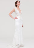 Enchanting Lace Trumpet/Mermaid Wedding Dress: V-Neck Sleeveless with Sweep Train and Beaded Lace Accents BM bride