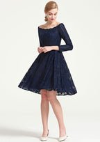 Knee-Length Lace Dress, A-Line/Princess Shape, Off-The-Shoulder, 3/4 Sleeve, With Pleats BM bride