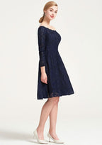 Knee-Length Lace Dress, A-Line/Princess Shape, Off-The-Shoulder, 3/4 Sleeve, With Pleats BM bride
