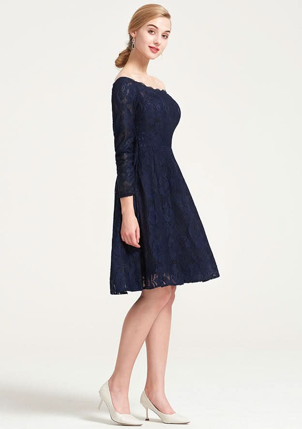 Knee-Length Lace Dress, A-Line/Princess Shape, Off-The-Shoulder, 3/4 Sleeve, With Pleats BM bride