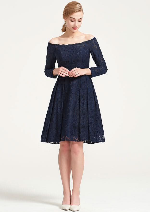 Knee-Length Lace Dress, A-Line/Princess Shape, Off-The-Shoulder, 3/4 Sleeve, With Pleats BM bride