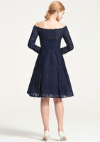 Knee-Length Lace Dress, A-Line/Princess Shape, Off-The-Shoulder, 3/4 Sleeve, With Pleats BM bride