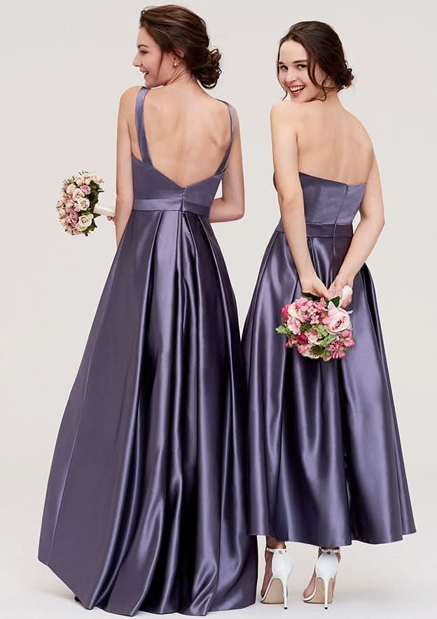 Ankle-Length Satin Bridesmaid Dress, A-Line/Princess Style, Bateau Neck, Sleeveless, With Pleats BM bride