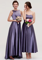 Ankle-Length Satin Bridesmaid Dress, A-Line/Princess Style, Bateau Neck, Sleeveless, With Pleats BM bride