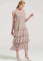 Tea-Length Chiffon Mother of the Bride Dress with Jacket Ruffles Appliqued, Sleeveless Scoop Neck A-line BM bride
