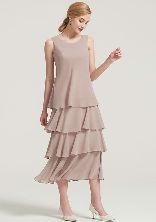 Tea-Length Chiffon Mother of the Bride Dress with Jacket Ruffles Appliqued, Sleeveless Scoop Neck A-line BM bride