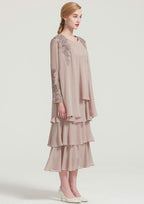 Tea-Length Chiffon Mother of the Bride Dress with Jacket Ruffles Appliqued, Sleeveless Scoop Neck A-line BM bride