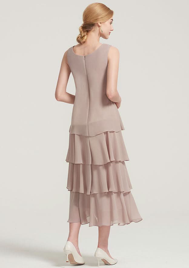 Tea-Length Chiffon Mother of the Bride Dress with Jacket Ruffles Appliqued, Sleeveless Scoop Neck A-line BM bride