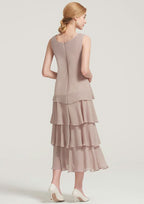 Tea-Length Chiffon Mother of the Bride Dress with Jacket Ruffles Appliqued, Sleeveless Scoop Neck A-line BM bride