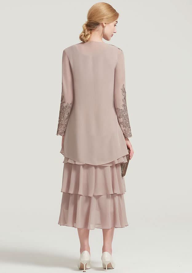 Tea-Length Chiffon Mother of the Bride Dress with Jacket Ruffles Appliqued, Sleeveless Scoop Neck A-line BM bride