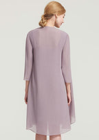 Knee-Length Chiffon Mother of the Bride Dress with Jacket Pleated, Sleeveless Square Neckline Sheath/Column BM bride