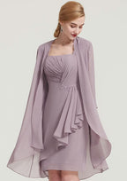 Knee-Length Chiffon Mother of the Bride Dress with Jacket Pleated, Sleeveless Square Neckline Sheath/Column BM bride