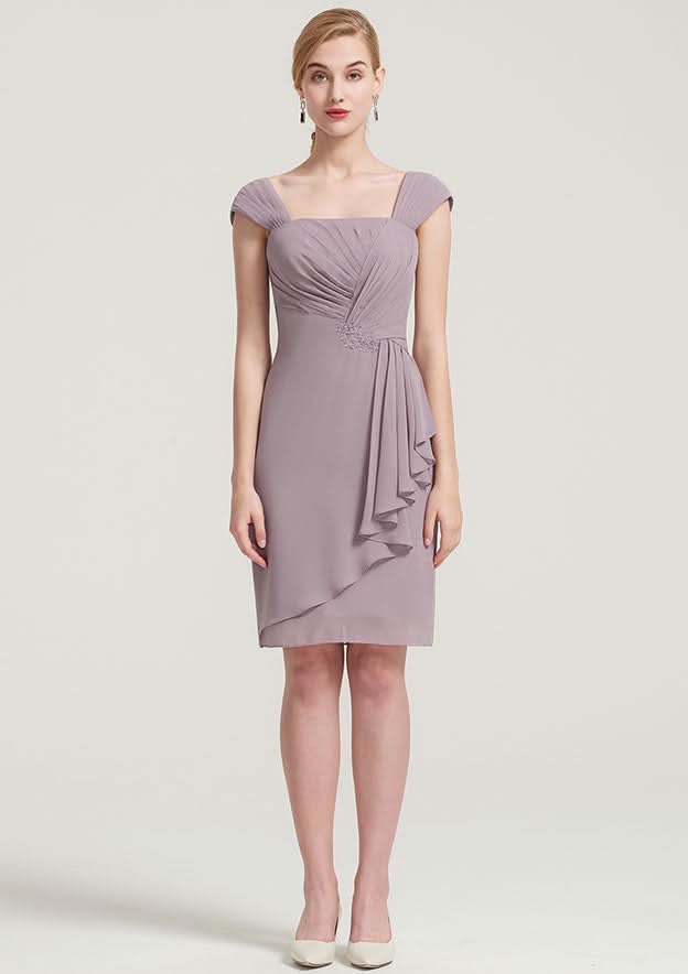 Knee-Length Chiffon Mother of the Bride Dress with Jacket Pleated, Sleeveless Square Neckline Sheath/Column BM bride