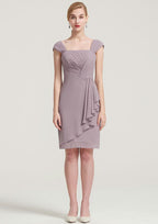 Knee-Length Chiffon Mother of the Bride Dress with Jacket Pleated, Sleeveless Square Neckline Sheath/Column BM bride