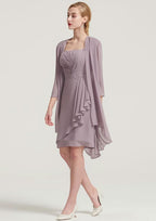 Knee-Length Chiffon Mother of the Bride Dress with Jacket Pleated, Sleeveless Square Neckline Sheath/Column BM bride