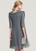 Knee-Length Chiffon Mother of the Bride Dress with Pleated Lace Appliqued, Half Sleeve Bateau Sheath/Column BM bride