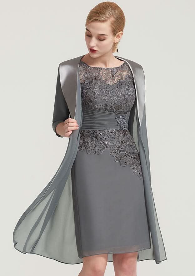 Knee-Length Chiffon Mother of the Bride Dress with Pleated Lace Appliqued, Half Sleeve Bateau Sheath/Column BM bride