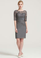 Knee-Length Chiffon Mother of the Bride Dress with Pleated Lace Appliqued, Half Sleeve Bateau Sheath/Column BM bride