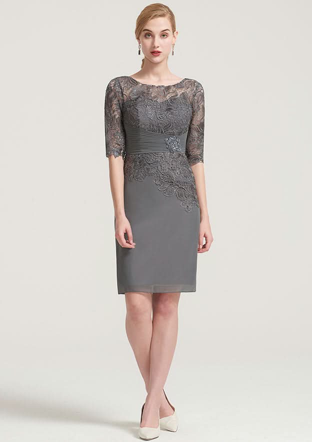 Knee-Length Chiffon Mother of the Bride Dress with Pleated Lace Appliqued, Half Sleeve Bateau Sheath/Column BM bride