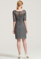 Knee-Length Chiffon Mother of the Bride Dress with Pleated Lace Appliqued, Half Sleeve Bateau Sheath/Column BM bride