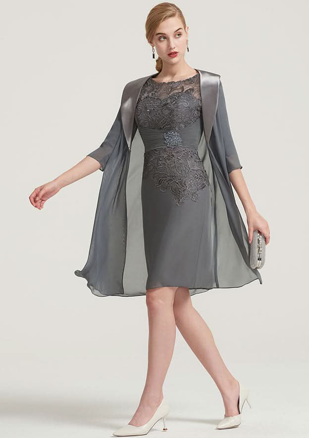 Knee-Length Chiffon Mother of the Bride Dress with Pleated Lace Appliqued, Half Sleeve Bateau Sheath/Column BM bride