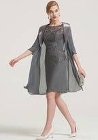 Knee-Length Chiffon Mother of the Bride Dress with Pleated Lace Appliqued, Half Sleeve Bateau Sheath/Column BM bride