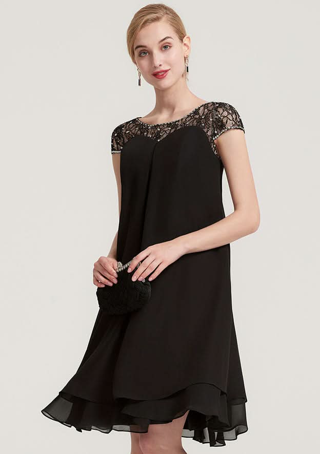 Knee-Length Chiffon Mother of the Bride Dress with Beading Ruffles, Short Sleeve Bateau BM bride