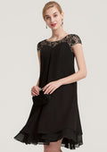 Knee-Length Chiffon Mother of the Bride Dress with Beading Ruffles, Short Sleeve Bateau BM bride