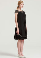 Knee-Length Chiffon Mother of the Bride Dress with Beading Ruffles, Short Sleeve Bateau BM bride
