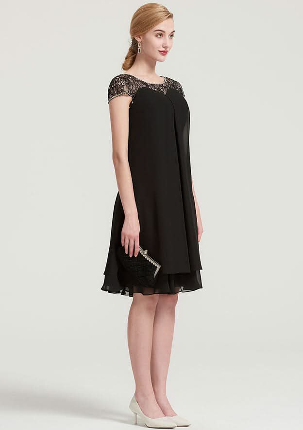 Knee-Length Chiffon Mother of the Bride Dress with Beading Ruffles, Short Sleeve Bateau BM bride
