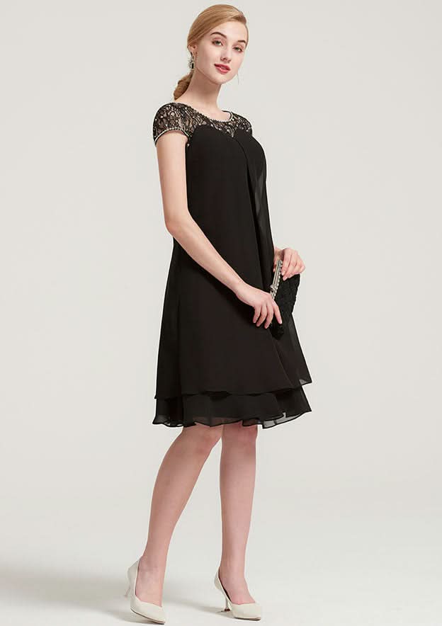 Knee-Length Chiffon Mother of the Bride Dress with Beading Ruffles, Short Sleeve Bateau BM bride