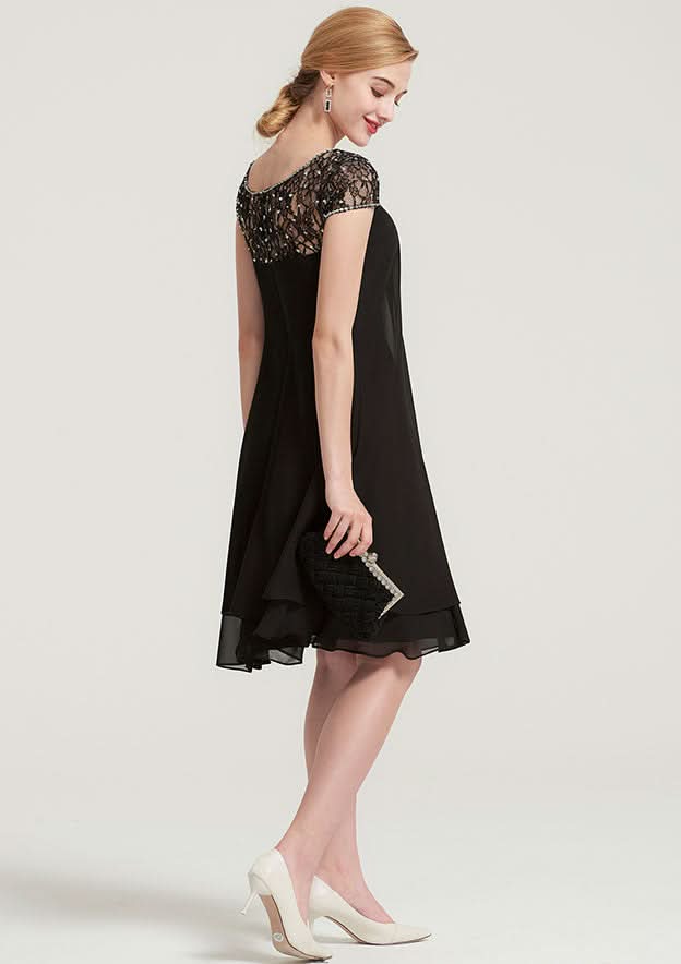 Knee-Length Chiffon Mother of the Bride Dress with Beading Ruffles, Short Sleeve Bateau BM bride