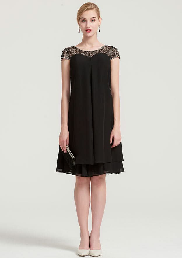 Knee-Length Chiffon Mother of the Bride Dress with Beading Ruffles, Short Sleeve Bateau BM bride