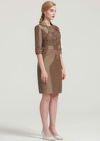 Knee-Length Taffeta Mother of the Bride Dress with Jacket Waistband Appliqued, Short Sleeve Bateau Sheath/Column BM bride