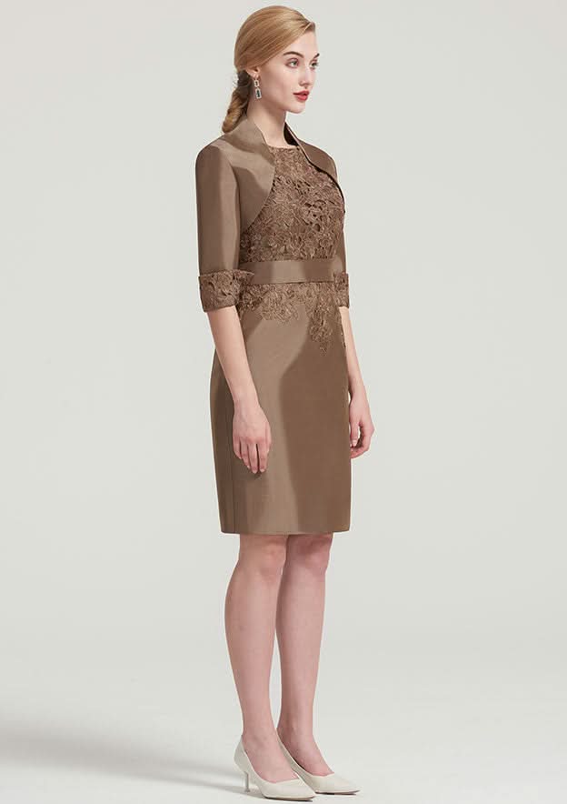 Knee-Length Taffeta Mother of the Bride Dress with Jacket Waistband Appliqued, Short Sleeve Bateau Sheath/Column BM bride