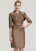 Knee-Length Taffeta Mother of the Bride Dress with Jacket Waistband Appliqued, Short Sleeve Bateau Sheath/Column BM bride