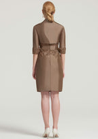 Knee-Length Taffeta Mother of the Bride Dress with Jacket Waistband Appliqued, Short Sleeve Bateau Sheath/Column BM bride