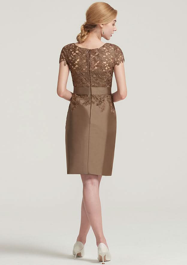 Knee-Length Taffeta Mother of the Bride Dress with Jacket Waistband Appliqued, Short Sleeve Bateau Sheath/Column BM bride
