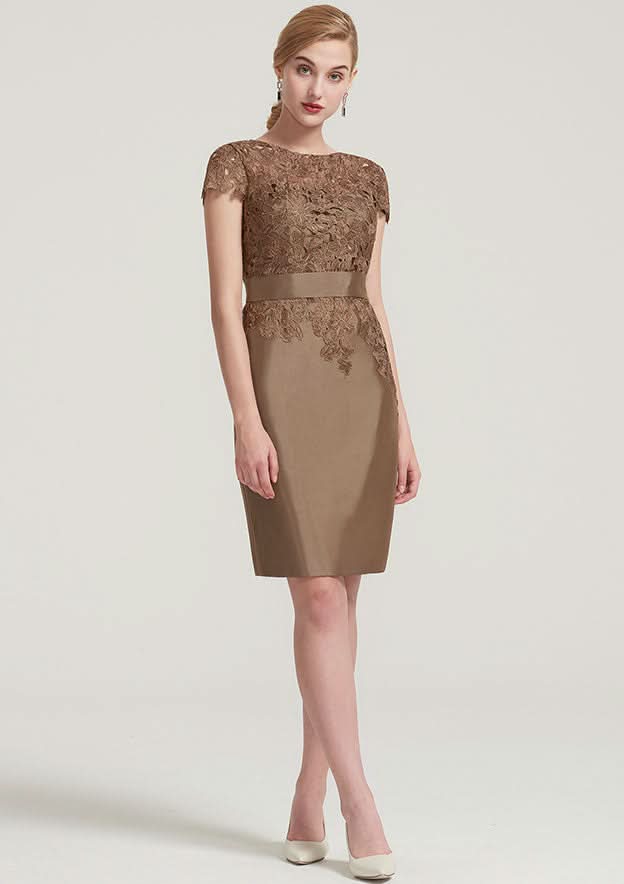 Knee-Length Taffeta Mother of the Bride Dress with Jacket Waistband Appliqued, Short Sleeve Bateau Sheath/Column BM bride